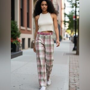 VINTAGE JC PENNY HIGH WAIST WOOL LOOK PINK & GREEN PLAID WIDE LEG PANTS SZ 9 NWT